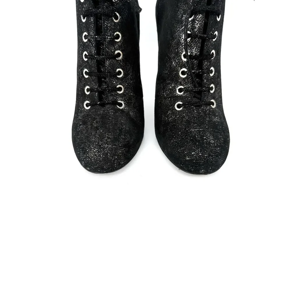 Chanel Pearls Heel Ankle Boot Velvety Black Leather Lace Up EU 39.5 US 9.5